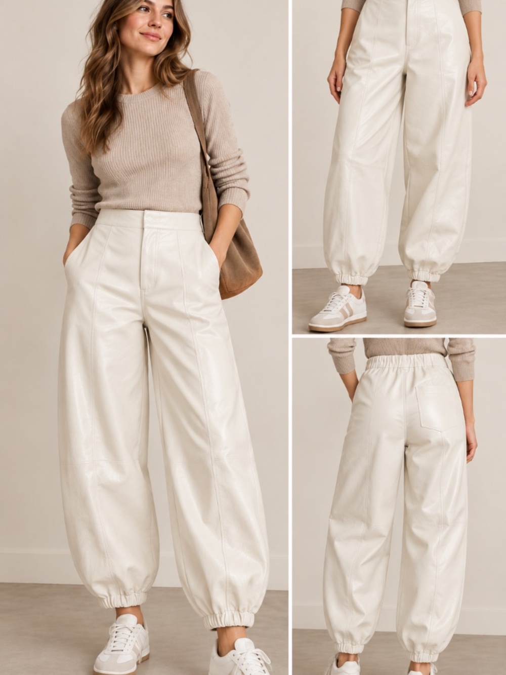 Maeve Anthropologie M Ivory Faux Leather Barrel Jogger Pants High Rise Cream NWT